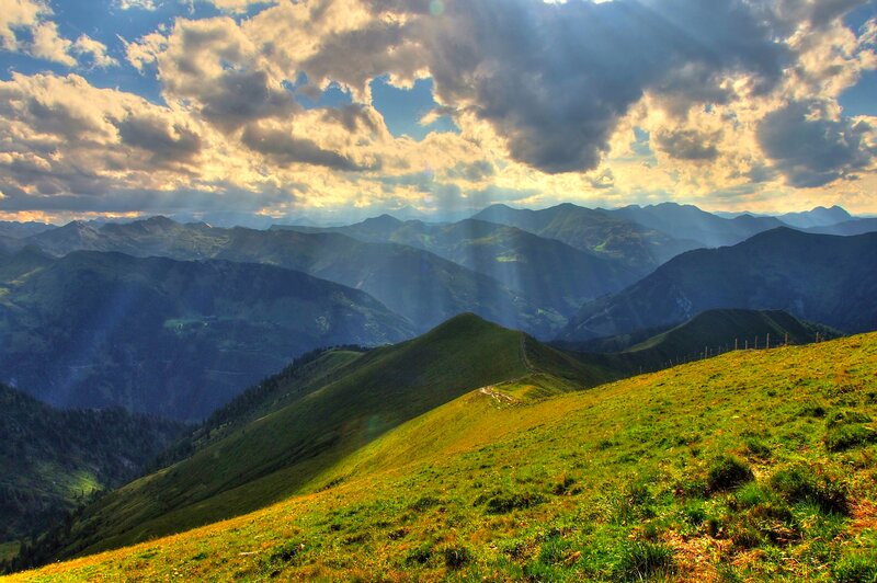 Green Mountain Landscape — Dramatic, Afternoon, Photograph, Mountains, Clouds, Sunlight