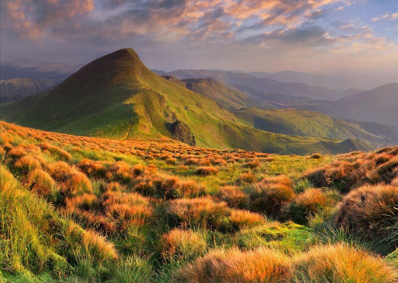 Green Mountain Landscape — Serene, Sunset, Photograph, Mountains, Grass, Sky, Orange, Blue