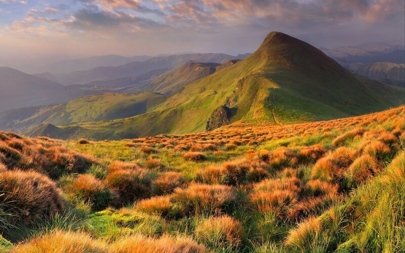 Green Mountain Landscape — Serene, Sunset, Photograph, Mountains, Grass