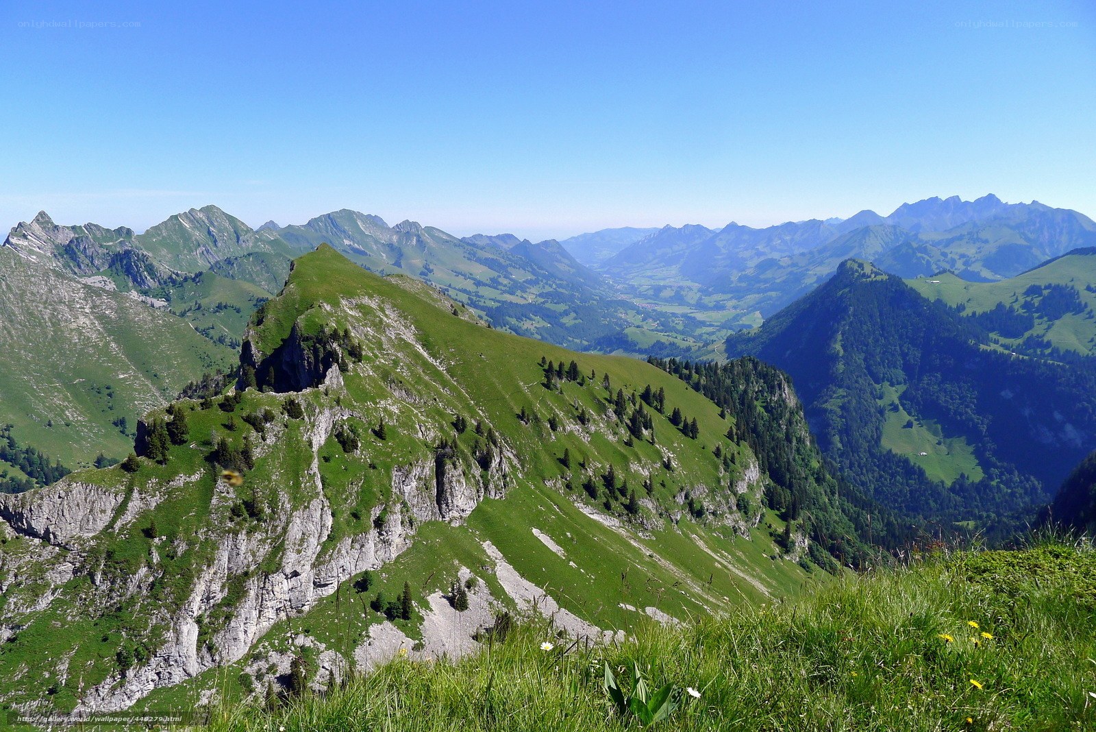 Green mountain ridge under blue sky