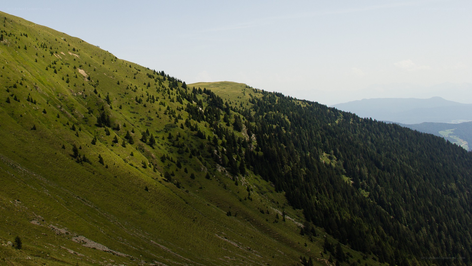 Green mountain slopes under clear sky