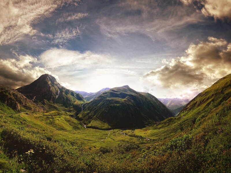 Green Mountain Valley — Dramatic, Afternoon, Photograph, Mountains, Clouds, Blue, White