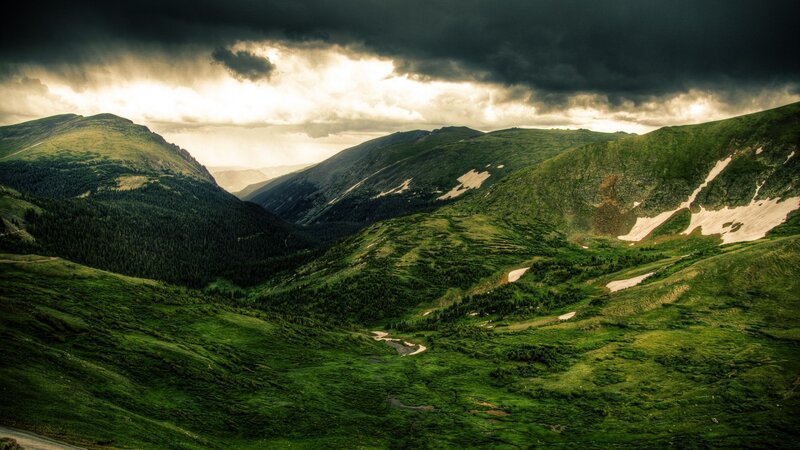 Green Mountain Valley — Dramatic, Afternoon, Photograph, Mountains, Clouds, Snow Patches, Gray, White
