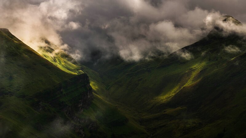 Green Mountain Valley — Dramatic, Photograph, Clouds, Mountains