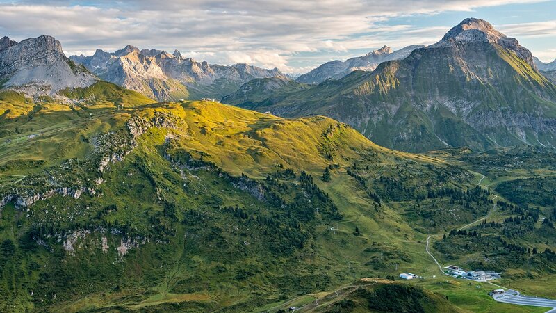 Green Mountain Valley — Serene, Afternoon, Photograph, Mountains, Buildings