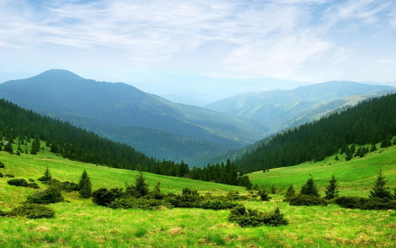 Green Mountain Valley — Serene, Afternoon, Photograph, Mountains, Forests, Sky, Blue, White