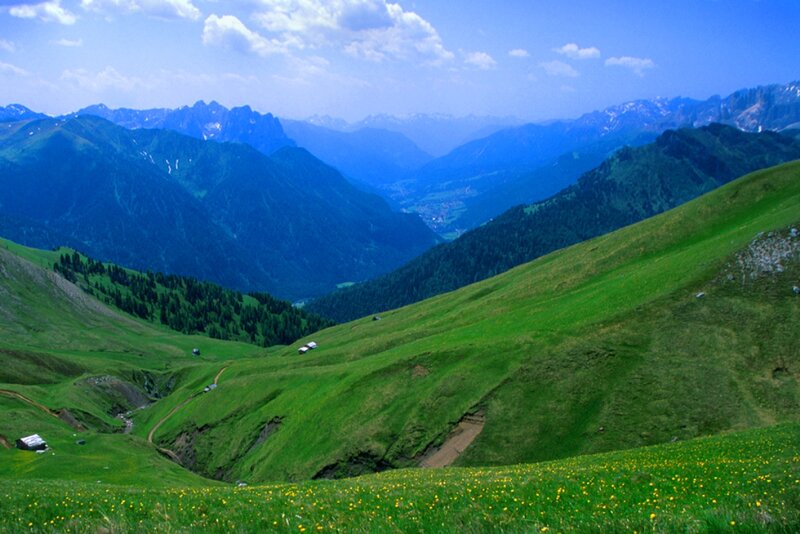 Green Mountain Valley — Serene, Afternoon, Photograph, Mountains, Huts