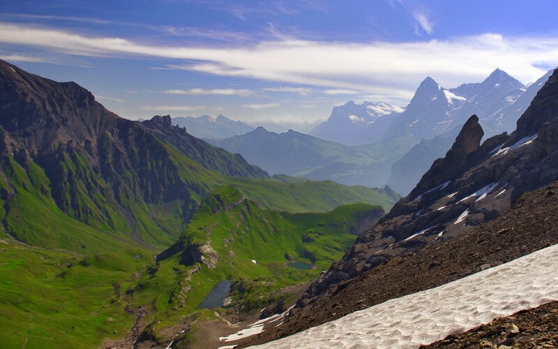 Green Mountain Valley — Serene, Summer, Photograph, Mountains, Snow, Sky