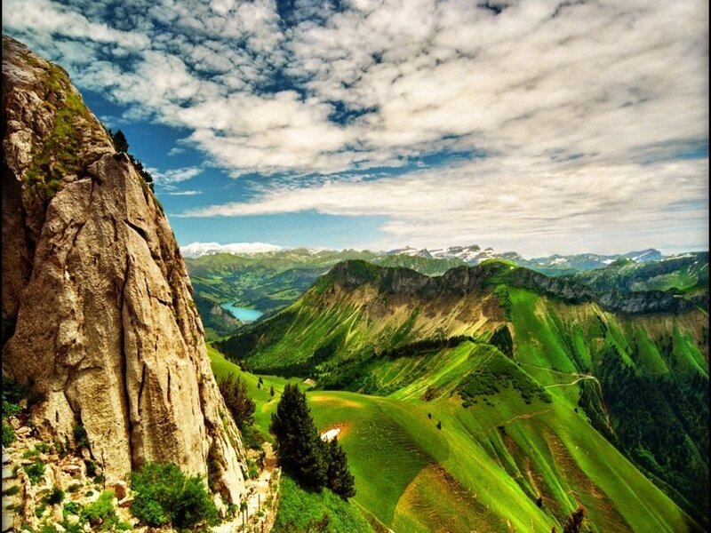 Green mountains and blue lake