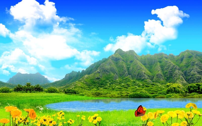 Green Mountains and Lake — Blue