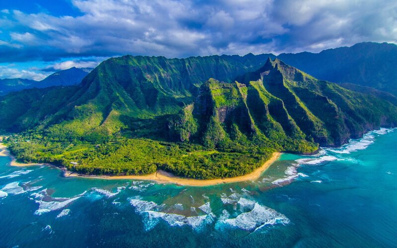 Green Mountains and Ocean — Blue, Dramatic