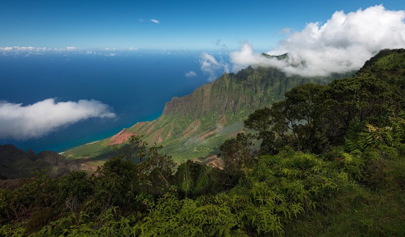 Green Mountains and Ocean — Blue, Serene, Afternoon, Photograph, Clouds, Trees