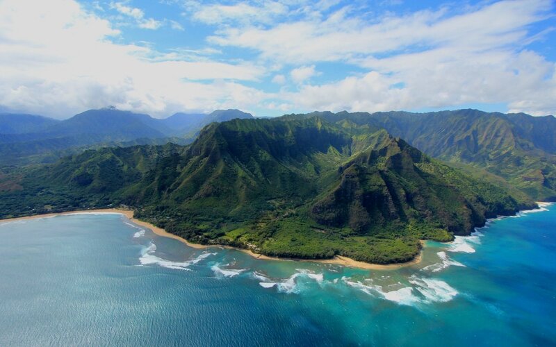 Green Mountains and Ocean — Blue, Serene, Afternoon, Photograph