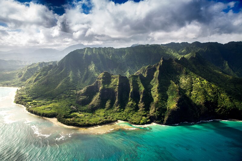 Green Mountains and Ocean — Dramatic, Afternoon, Photograph, Beach