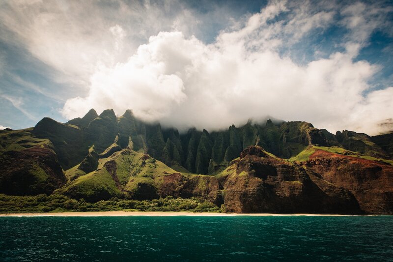 Green Mountains and Ocean — Dramatic, Afternoon, Photograph, Clouds, Beach