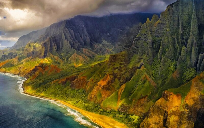 Green Mountains and Ocean — Dramatic, Afternoon, Photograph, Clouds