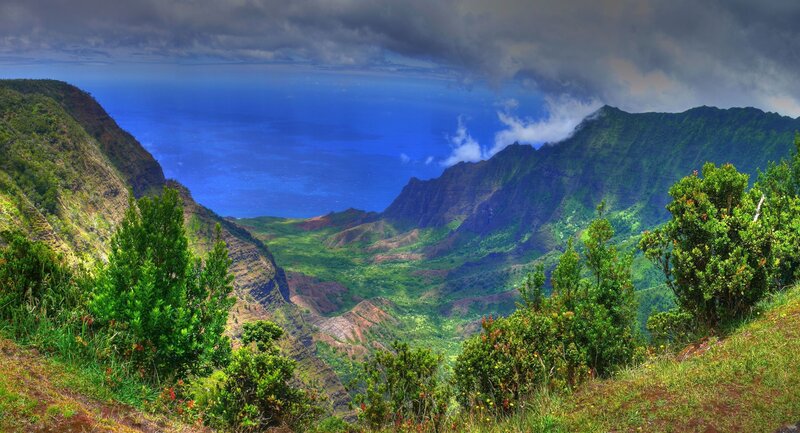 Green Mountains and Ocean — Dramatic, Afternoon, Photograph
