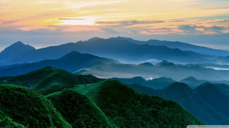 Green Mountains at Sunrise — Serene, Photograph, Sky, Fog