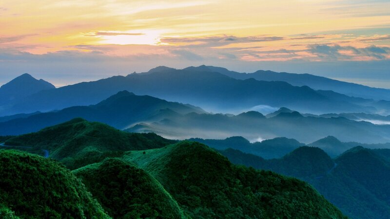 Green Mountains at Sunrise — Serene, Photograph, Sky, Mist