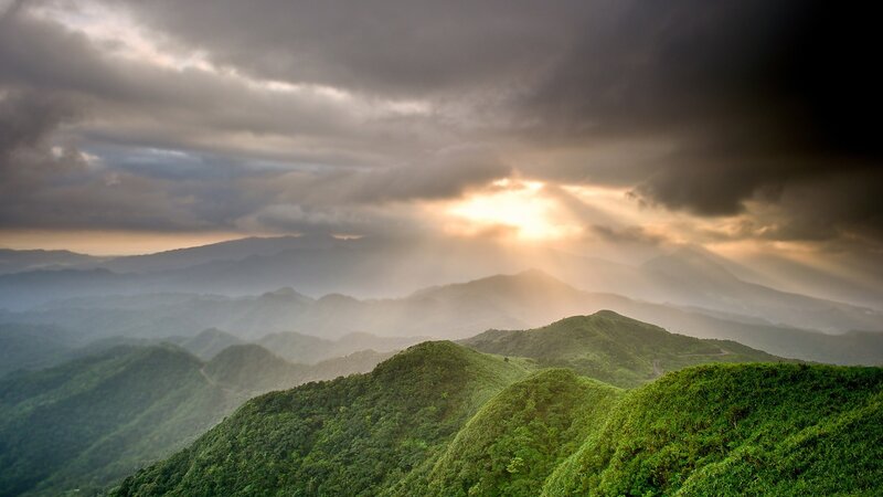 Green Mountains under Cloudy Sky — Dramatic, Sunset
