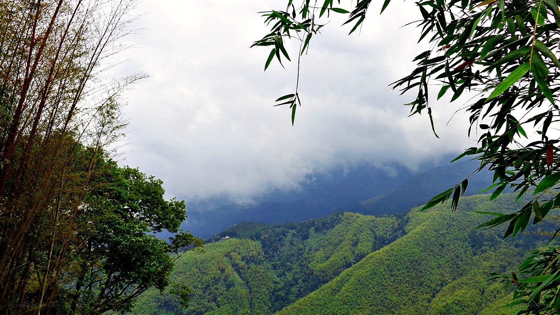 Green mountains under cloudy sky