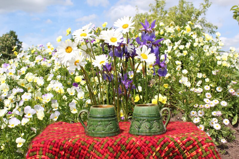 Green Mugs with Flowers