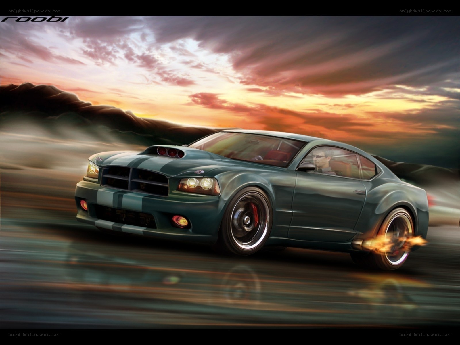 green muscle car at sunset