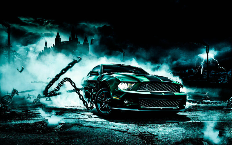 Green Muscle Car — Black, Dramatic, Dark
