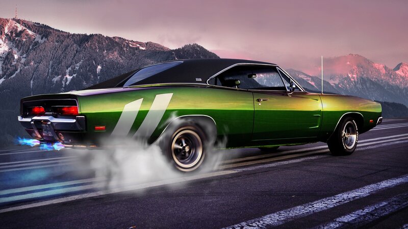 green muscle car burnout