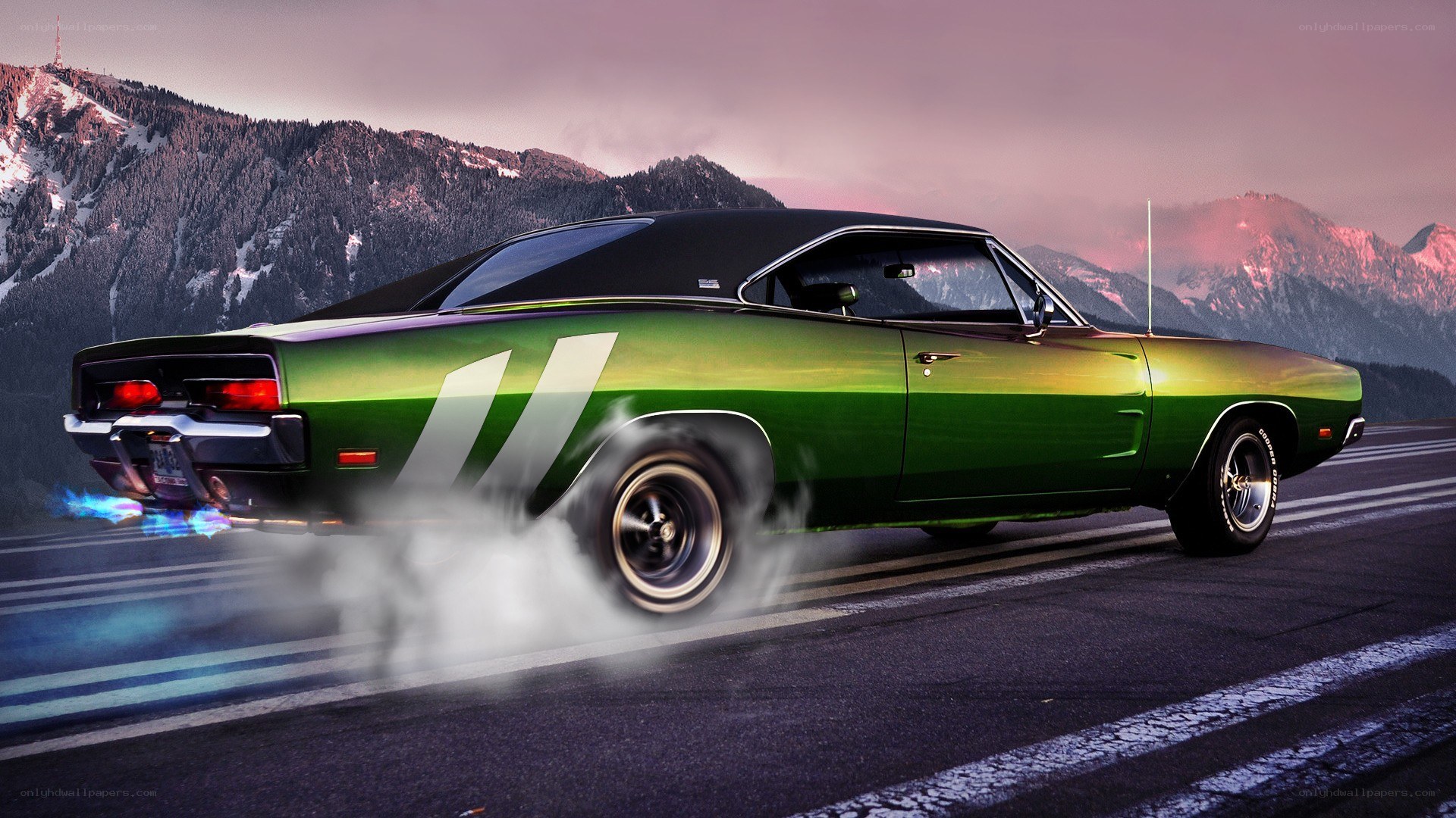 green muscle car burnout