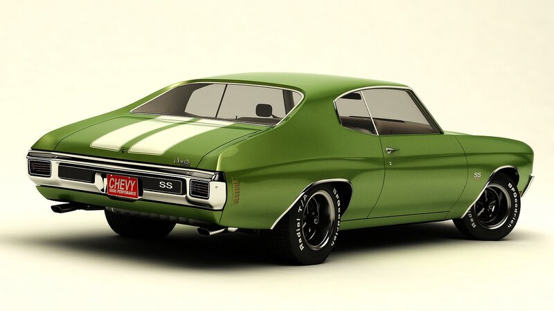 Green Muscle Car — Classic, 3d Render, White Stripes