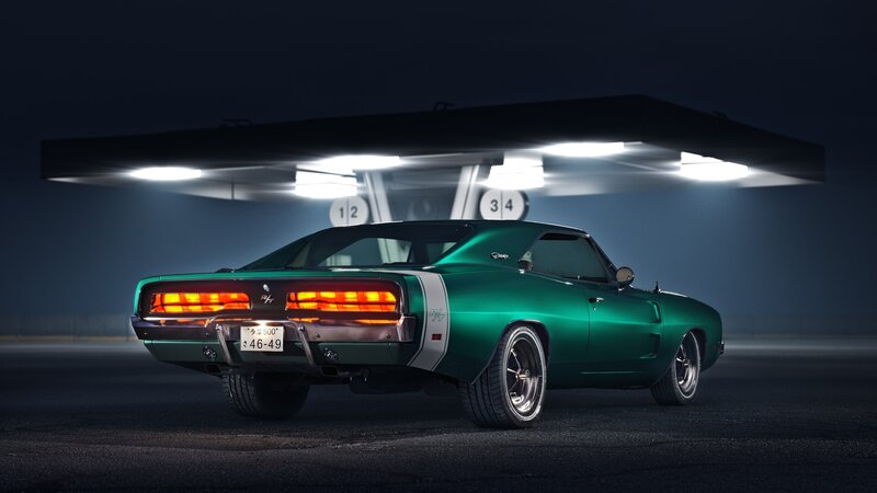 Green Muscle Car — Dramatic, Night, 3d Render