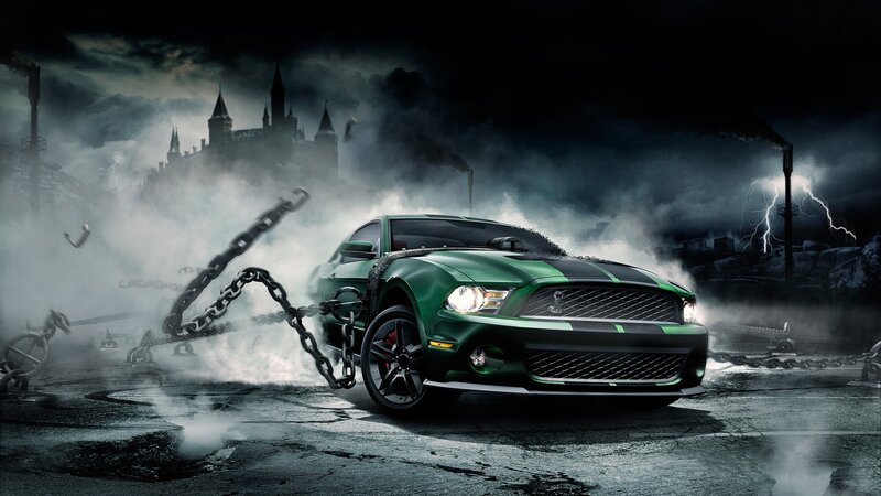 Green Muscle Car — Dramatic, Night, Digital Art, Chains, Castle