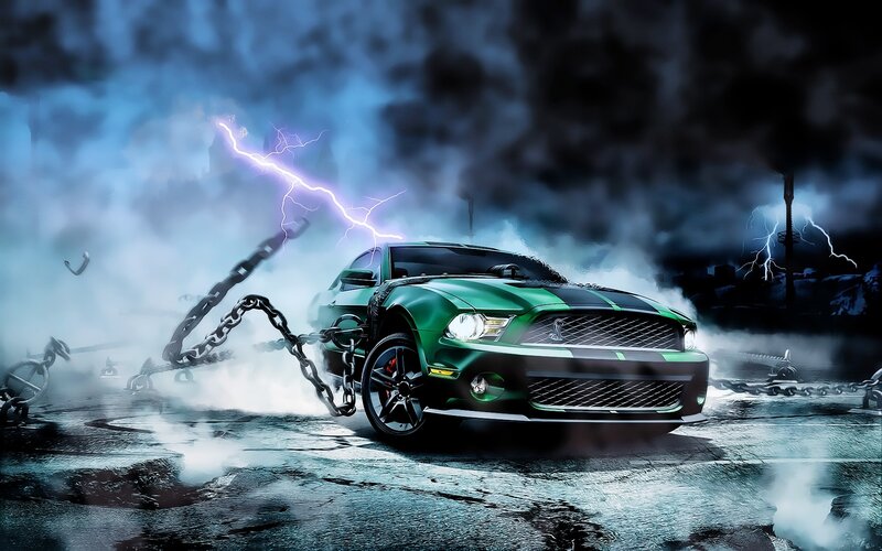 Green Muscle Car — Dramatic, Night, Digital Art, Chains, Lightning