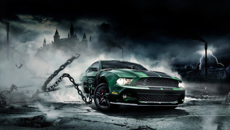 Green Muscle Car — Dramatic, Night, Digital Art, Chains
