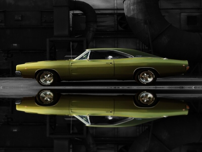 Green Muscle Car — Dramatic, Photograph, Reflection