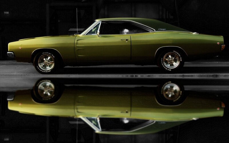 Green Muscle Car — Dramatic, Photograph, Reflection, Tires, Black