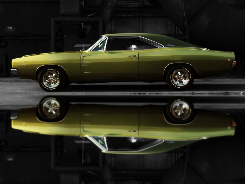 Green Muscle Car — Dramatic, Photograph, Reflection, Tires