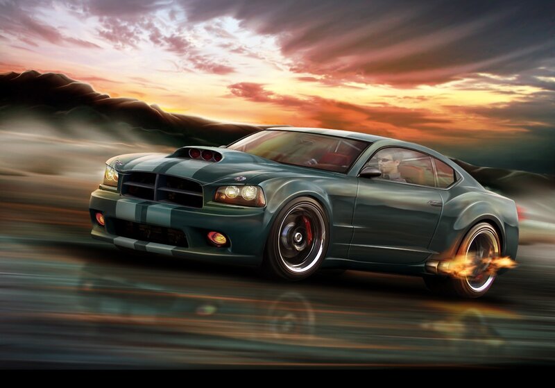 Green Muscle Car — Dramatic, Sunset, Digital Art, Driver