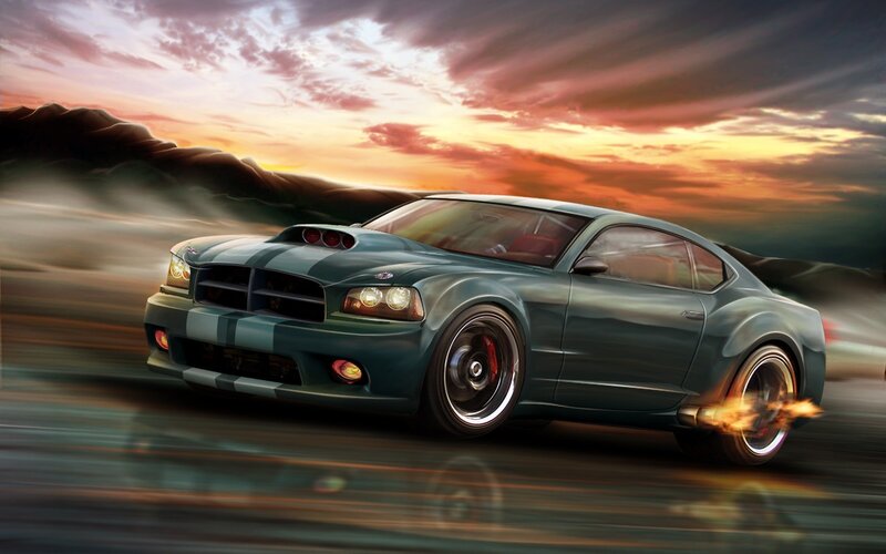 Green Muscle Car — Dramatic, Sunset, Digital Art, Mountains