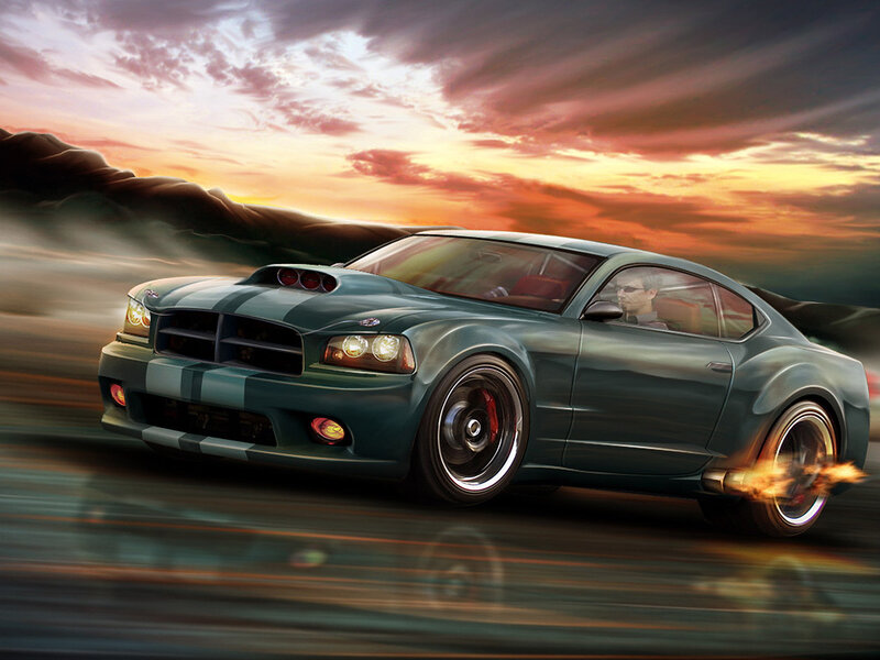 Green Muscle Car — Dramatic, Sunset, Digital Art