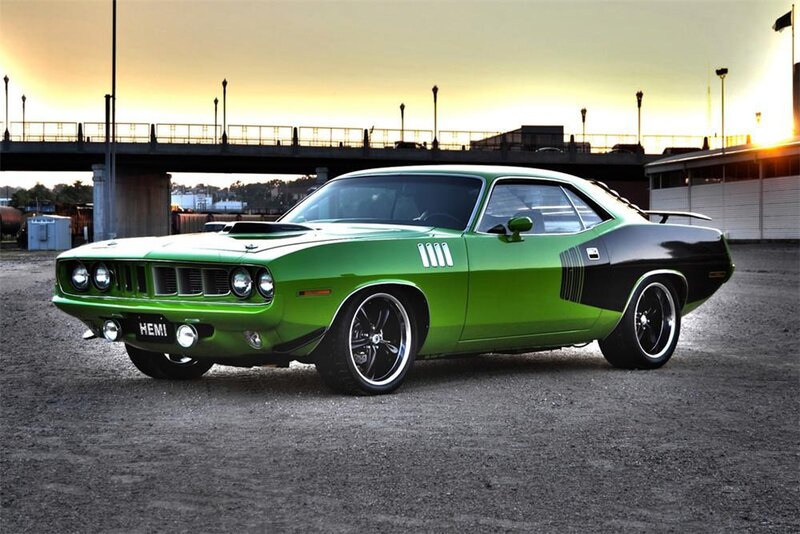 Green Muscle Car — Dramatic, Sunset, Photograph, Bridge