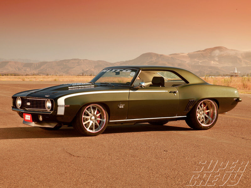Green Muscle Car — Dramatic, Sunset, Photograph, Mountains
