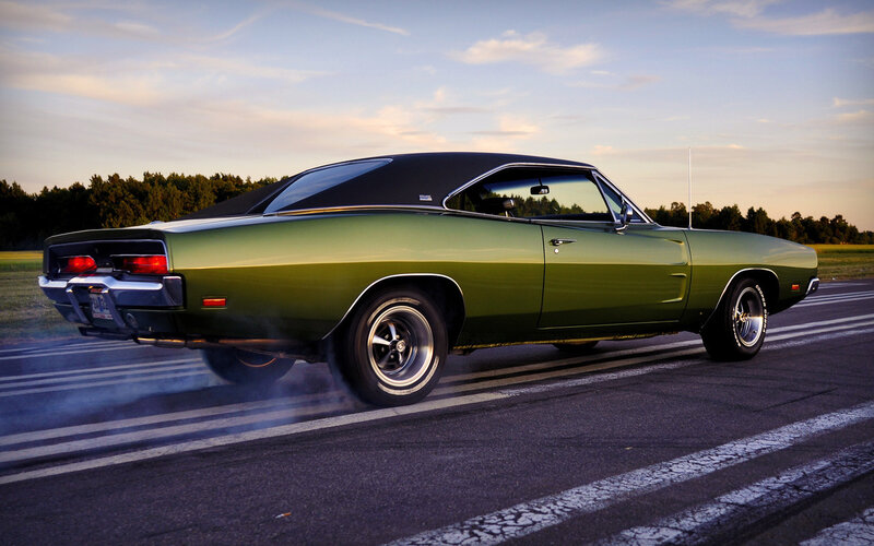 Green Muscle Car — Dramatic, Sunset, Photograph