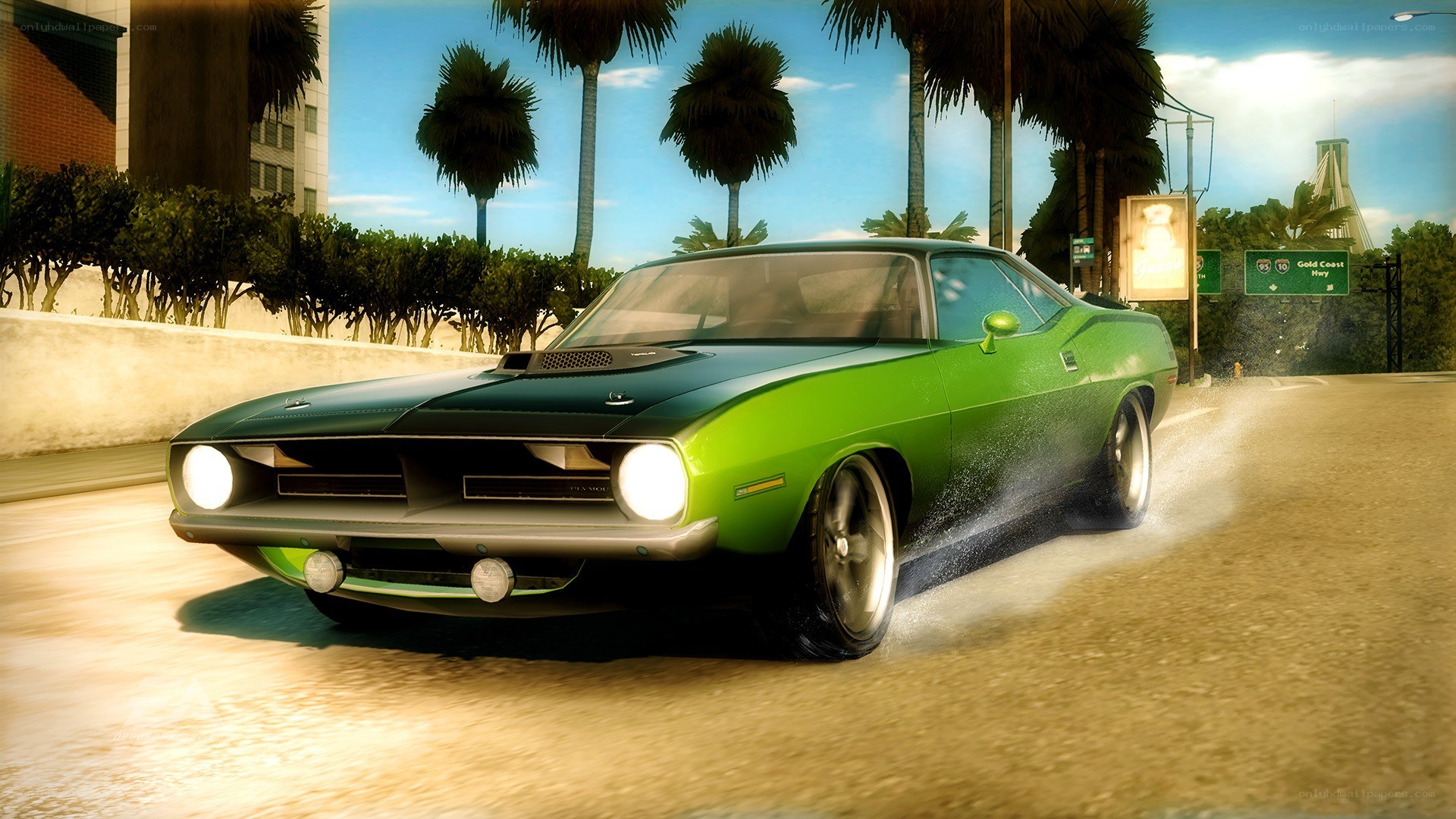 green muscle car drifting