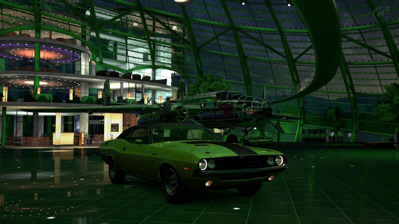 Green muscle car in a modern hall
