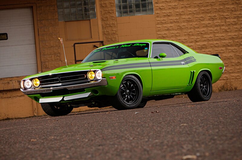 Green Muscle Car — Lime Green, Dramatic, Photograph, Building, Garage Door