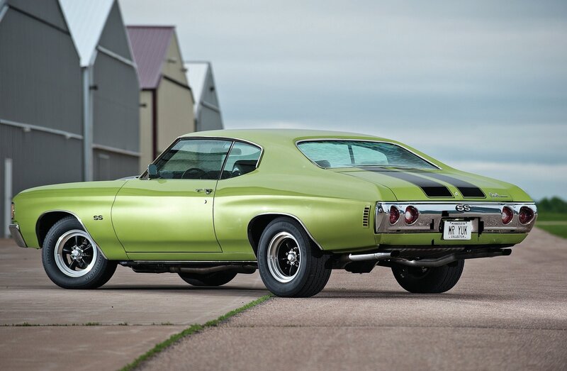 Green muscle car on tarmac