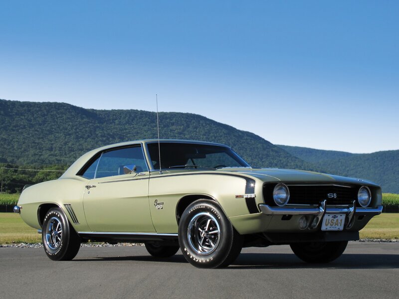 Green Muscle Car — Serene, Afternoon, Photograph, Mountains, Sky