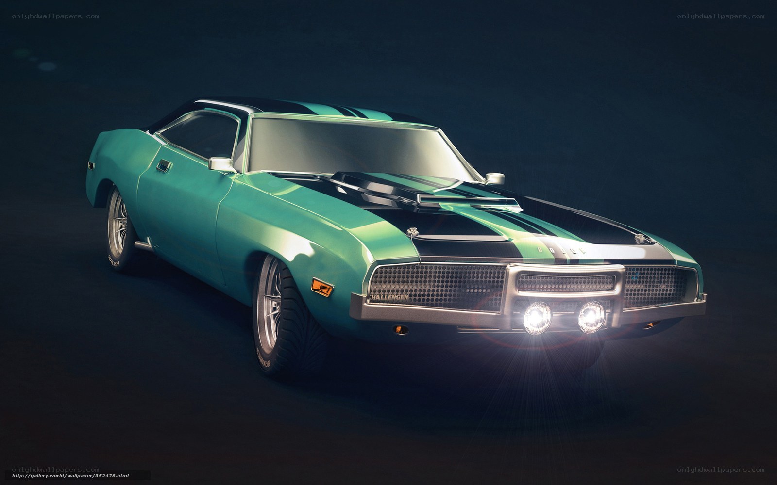 Green muscle car with stripes